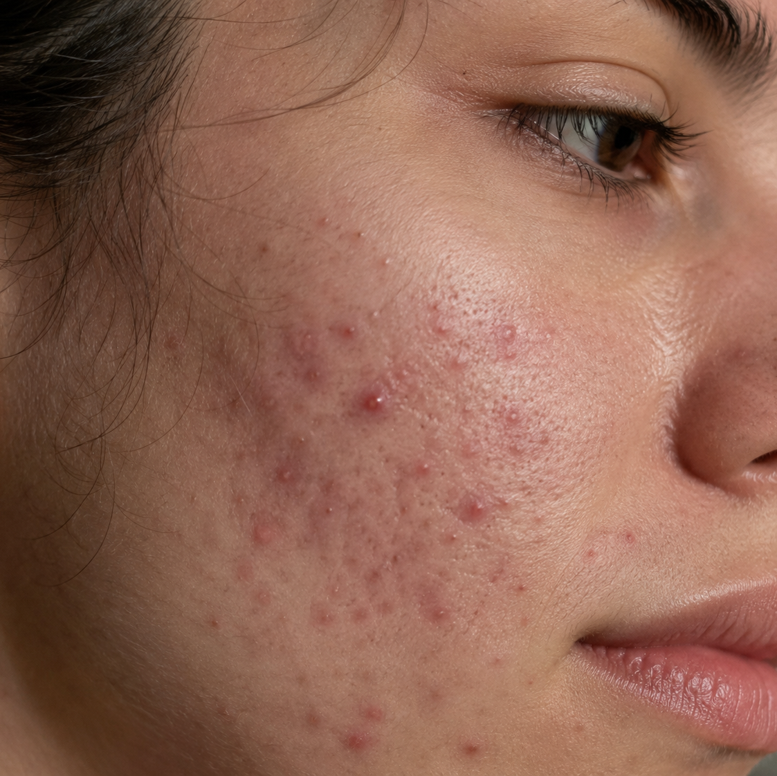 Close-up side profile of a woman's face showing severe facial acne, red blemishes, and clogged pores on her cheek.