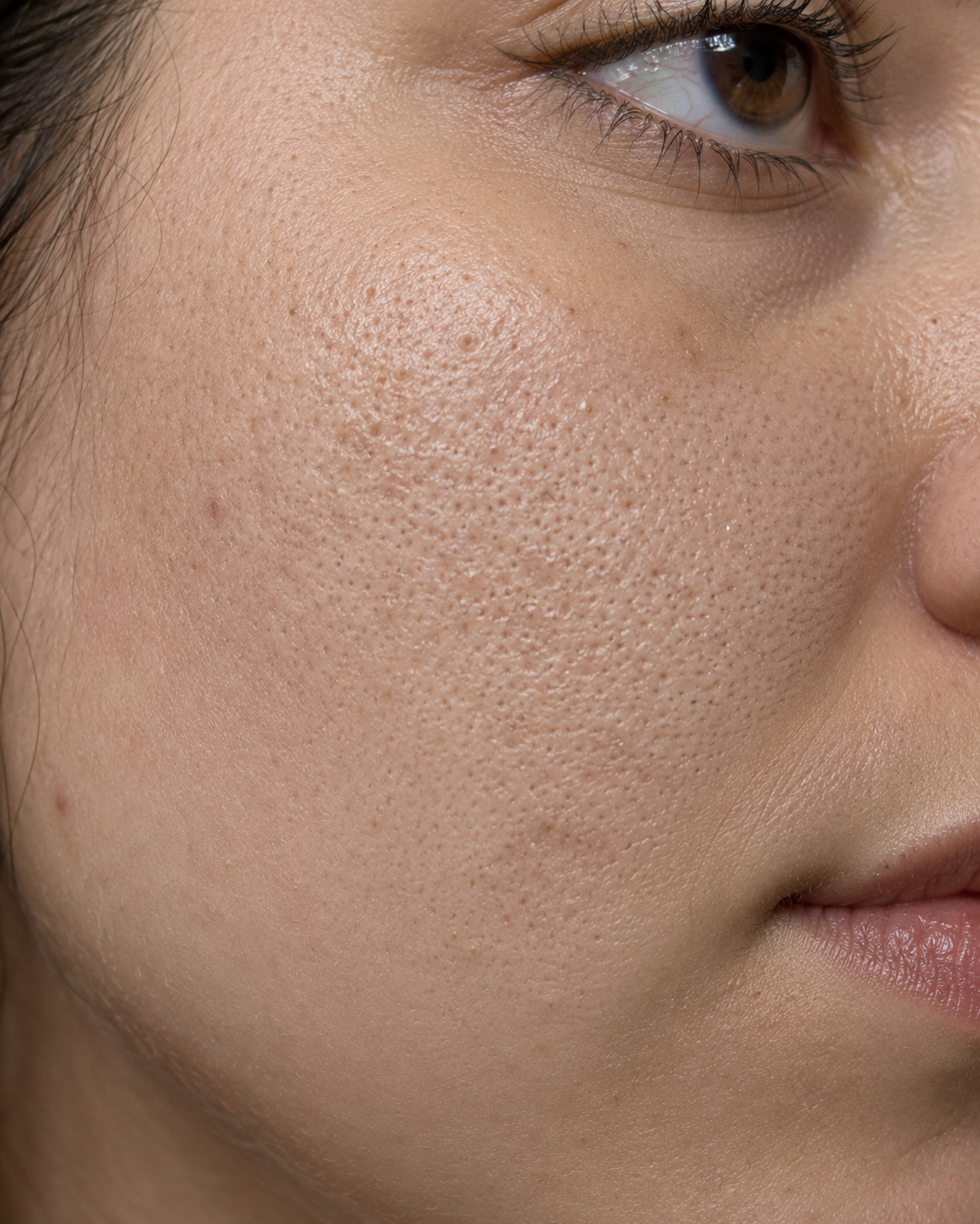 Close-up of a person's cheek and eye area showing textured skin with visible pores and blemishes.