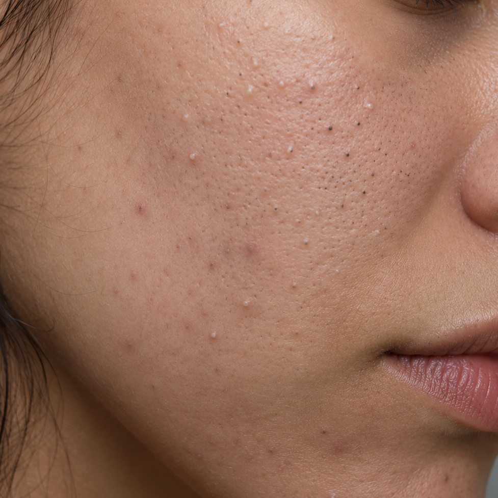Close-up of a person's face showing a detailed view of their cheek with visible skin pores and blemishes.