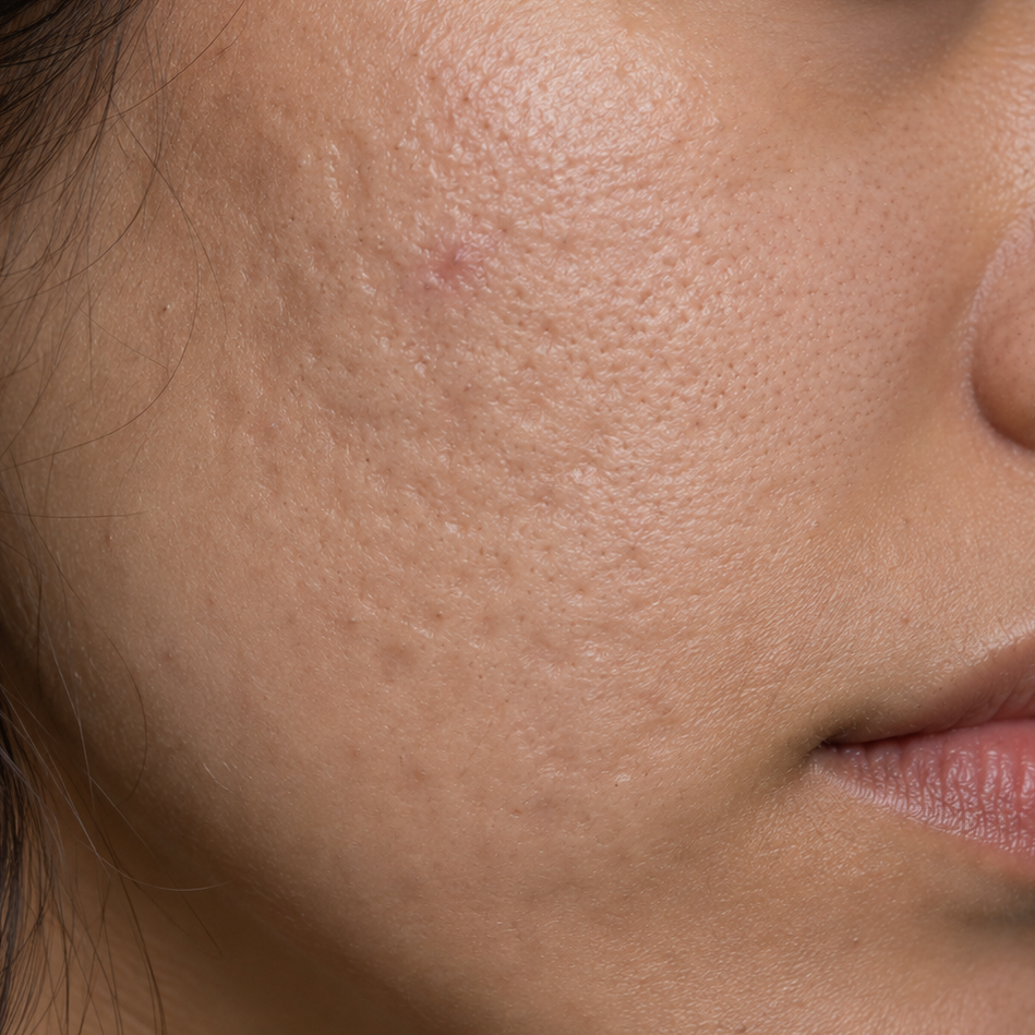 Close-up of a woman's cheek and jawline showing textured, bumpy skin with visible pores and a small red blemish.
