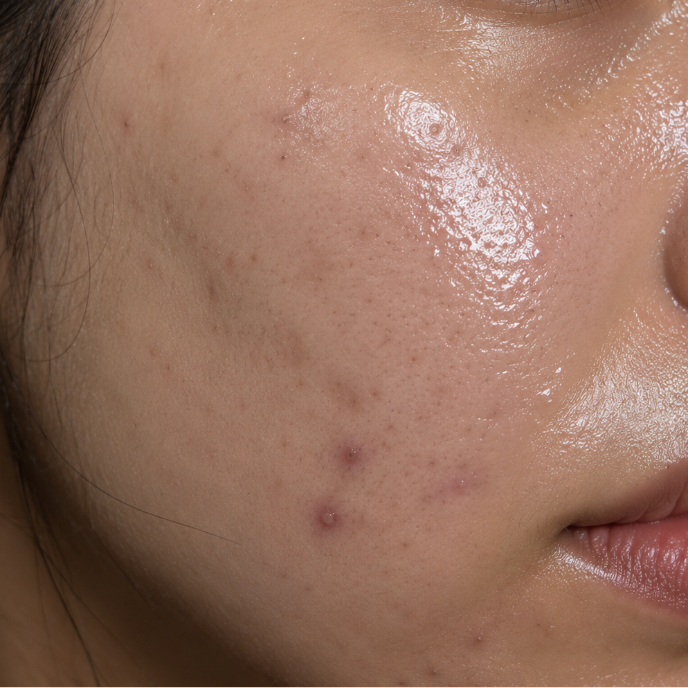 Close-up of a person's face showing a glossy, hydrated skincare finish on the cheek with visible pores and mild blemishes.